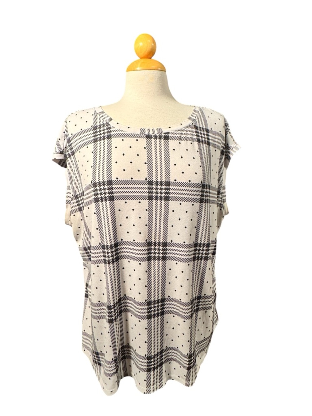 Elle Cream and Black Plaid Dot Cap-Sleeve Top